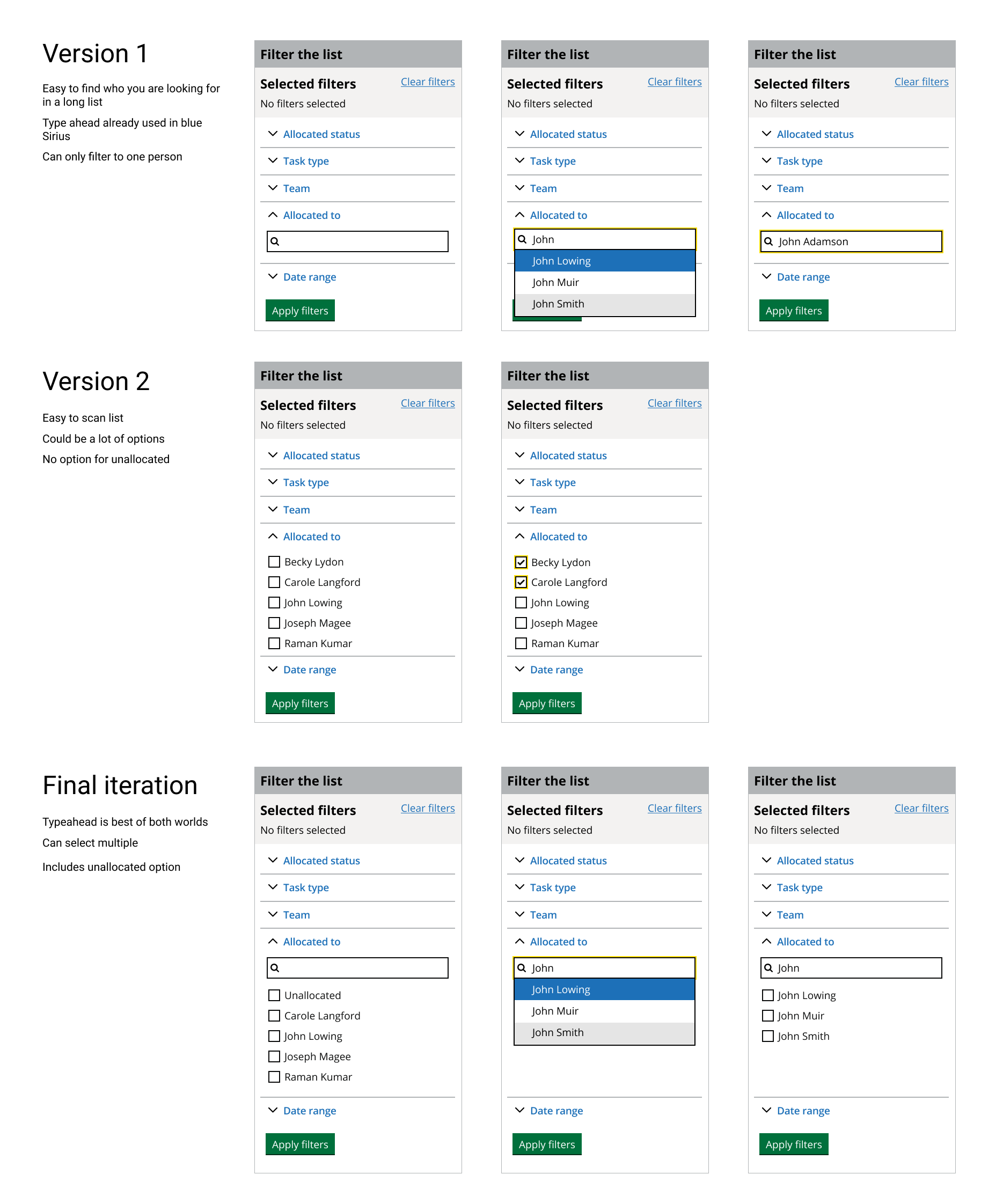 Three design iterations of the advanced filters component. The first shows a type and search design, the second shows checkboxes only, the third shows a combintaion of both.