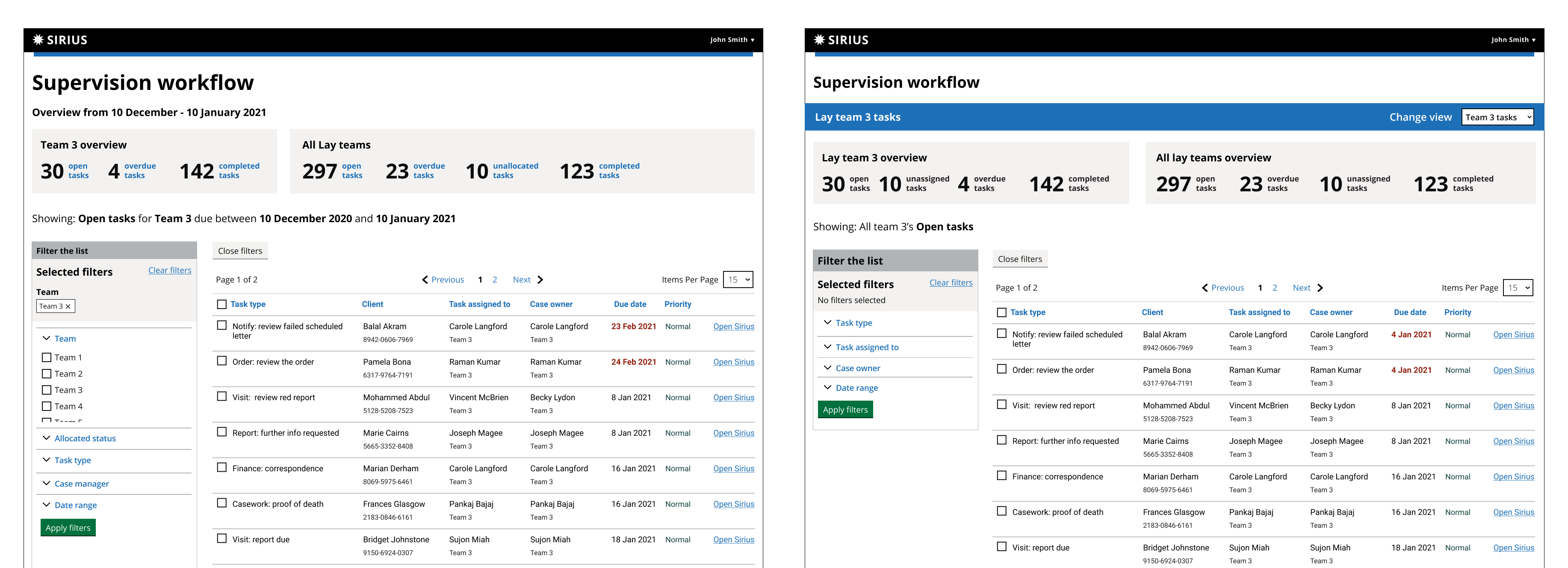 Three design iterations of the advanced filters component. The first shows a type and search design, the second shows checkboxes only, the third shows a combintaion of both.