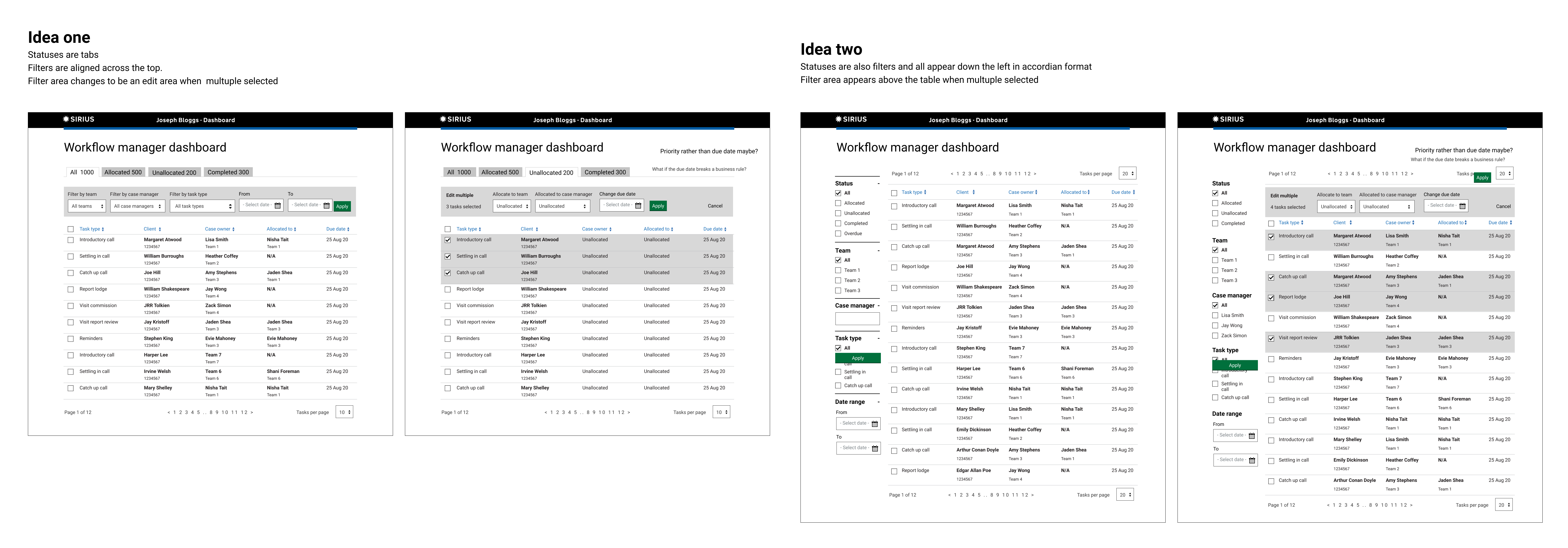 Mockups of initial design ideas in Figma. Idea one has filters horizontally and idea two has filters vertically on the left side of the screen.