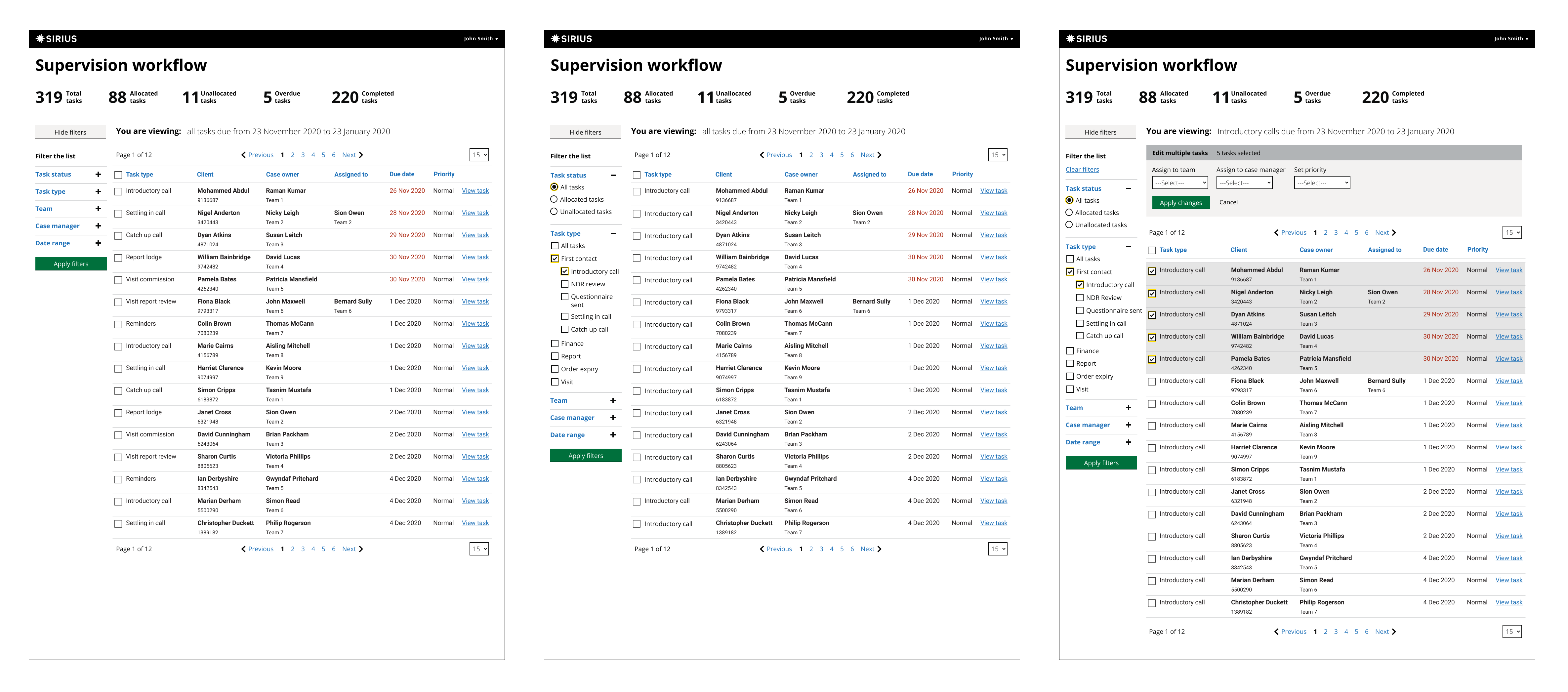 Three screen states with the vertical filters design; one with the default view; one with filters open; and one with tasks selected and the manage tasks panel open.